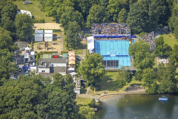 Aerial view, sports park with outdoor swimming pool swimming stadium ASC Dusiburg at Kruppstraße, water polo competition with spectators on stands, World Student Games FISU World University Games 2025, Rhine-Ruhr 2025, Neudorf, Duisburg, Ruhr area, North Rhine-Westphalia, Germany, bathing establishment, bathing resort, DE, Europe, outdoor swimming pool, aerial view, aerial photography, aerial photography, swimming pool, swimming pool, sports, overview, bird's eye view, birds-eyes view, overview