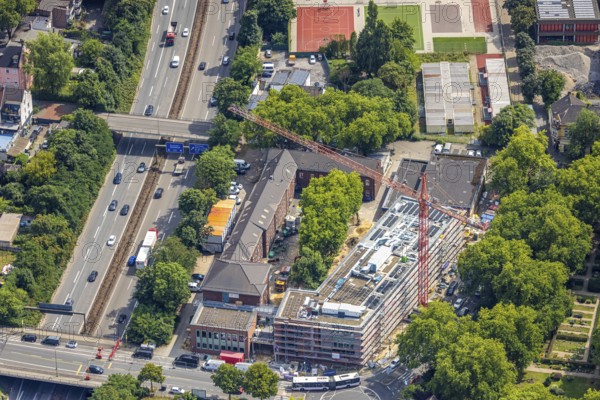 Aerial view, construction site, new building extension at the Abteischule primary school, Alt-Hamborn, Duisburg, Ruhr area, North Rhine-Westphalia, Germany, construction work, construction area, building site, building plots, construction project, construction site, educational institution, DE, Europe, primary school, educational institute, aerial view, aerial photography, aerial photography, new building, school, overview, bird's-eye view, bird's-eye view, overview