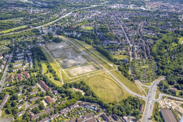 Aerial view, brownfield site Schacht 2/5, construction site and new commercial development area Friedrich-Park at Fritz-Schupp-Straße, Marxloh, Duisburg, Ruhr area, North Rhine-Westphalia, Germany, DE, Europe, aerial view, aerial photography, aerial photography, overview, bird's-eye view, overview