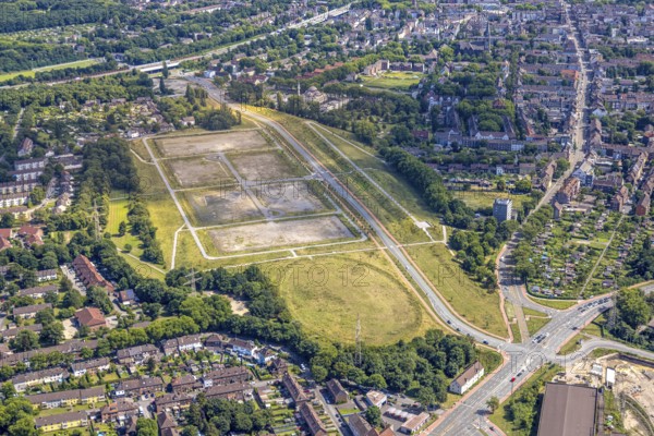 Aerial view, brownfield site Schacht 2/5, construction site and new commercial development area Friedrich-Park at Fritz-Schupp-Straße, Marxloh, Duisburg, Ruhr area, North Rhine-Westphalia, Germany, DE, Europe, aerial view, aerial photography, aerial photography, overview, bird's-eye view, overview