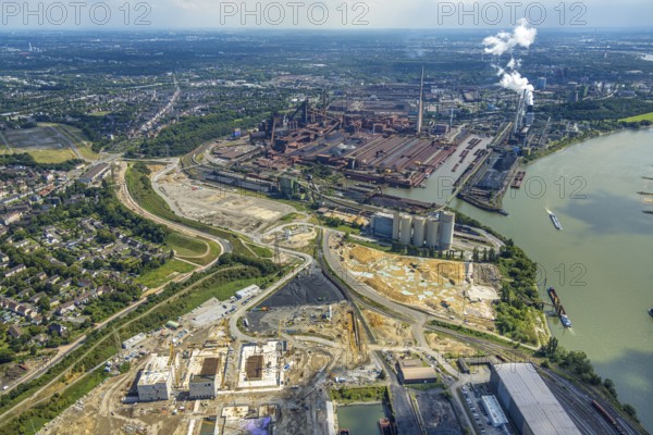 Aerial view, Schwelgern works harbour and thyssenkrupp Steel Europe AG and construction site on the river Rhine, Holcim Westcement concrete plant, construction site with new electrical switchgear buildings for direct reduction plant next to the south harbour Walsum, Marxloh, Duisburg, Ruhr area, North Rhine-Westphalia, Germany, construction work, construction area, construction site, building site, construction project, construction site, DE, Europe, aerial view, aerial photography, aerial photography, overview, bird's eye view, bird's eye view, overview