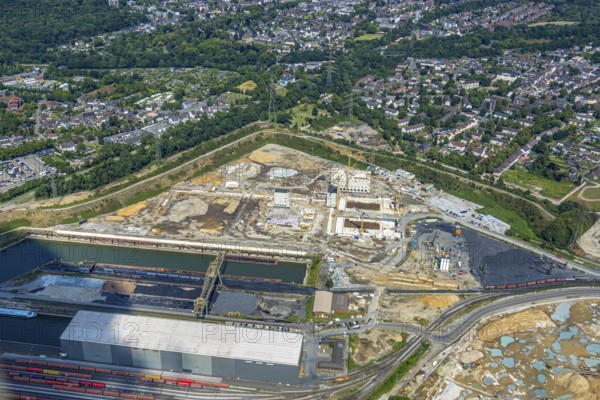 Aerial view, construction site with new electrical switchgear buildings for direct reduction plant next to the south harbour in Walsum, Fahrn, Duisburg, Ruhr area, North Rhine-Westphalia, Germany