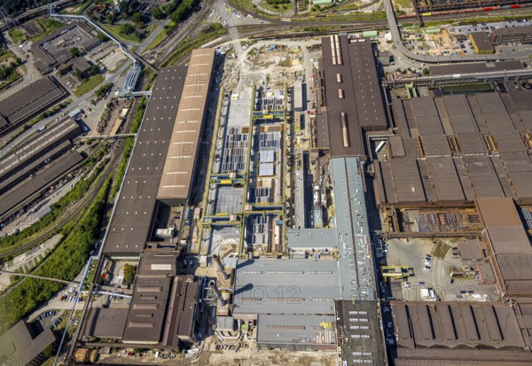 Aerial view, thyssenkrupp Steel Europe - Warmbandwerk, construction site, Marxloh, Duisburg, Ruhr area, North Rhine-Westphalia, Germany, DE, Europe, commercial enterprises, commercial area, commercial property, commercial site, commercial use, industrial area, industrial site, aerial photograph, aerial photography, aerial photography, overview, bird's-eye view, overview