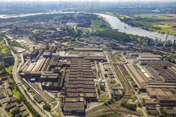 Aerial view, thyssenkrupp Steel Europe - Warmbandwerk, river Rhine, behind Hamborn power station, Marxloh, Duisburg, Ruhr area, North Rhine-Westphalia, Germany, DE, Europe, commercial enterprises, commercial area, commercial property, commercial site, commercial use, industrial area, industrial site, aerial photograph, aerial photography, aerial photography, overview, bird's-eye view, birds-eyes view, overview