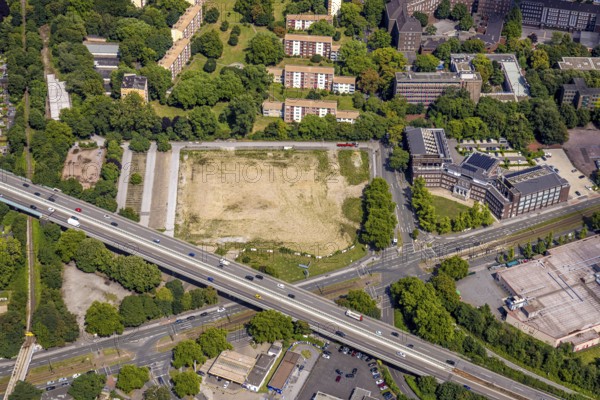 Aerial view, job centre in the former municipal swimming pool, derelict site of the former Rhine-Ruhr Hall, Obermarxloh, Duisburg, Ruhr area, North Rhine-Westphalia, Germany, employment office, authority, DE, Europe, aerial view, aerial photography, aerial photography, overview, bird's-eye view, overview