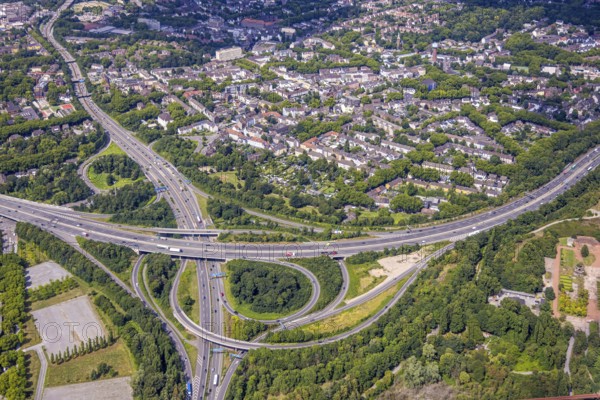 Aerial view, motorway junction Duisburg-Nord with motorway A42 and motorway A59, residential area Obermeiderich, Duisburg, Ruhr area, North Rhine-Westphalia, Germany, motorway, DE, Europe, aerial view, aerial photography, aerial photography, road traffic, overview, bird's-eye view, overview