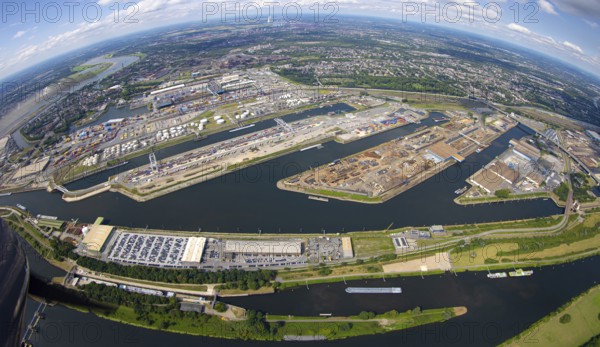 Aerial view, general view Duisburg harbour Ruhrort, globe, fisheye shot, fisheye shot, 360 degree shot, tiny world, little planet, fisheye picture, Ruhrort, Duisburg, Ruhr area, North Rhine-Westphalia, Germany, DE, Europe, fisheye lens, fisheye lens, harbour, harbour basin, harbour area, harbour overview, aerial view, aerial photography, aerial photography, super wide angle lens, overview, bird's eye view, birds-eyes view, fisheye lens, insta360 camera, overview