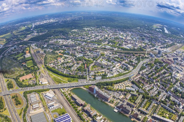 Aerial view, traffic jam on the A59 motorway with bridge over the inner harbour with city view, Museum Küppersmühle (MKM), on the right the main station Hbf, railway tracks, globe, fisheye image, 360 degree image, tiny world, little planet, fisheye image, old town, Duisburg, Ruhr area, North Rhine-Westphalia, Germany, railway area, railway station, station forecourt, DE, Deutsche Bahn AG, Europe, fisheye lens, fisheye lens, central station, main station, aerial view, aerial photography, aerial photography, super wide angle lens, overview, bird's eye view, fisheye lens, insta360 camera, overview