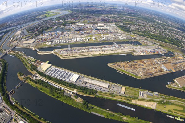 Aerial view, general view Duisburg harbour Ruhrort, globe, fisheye shot, fisheye shot, 360 degree shot, tiny world, little planet, fisheye picture, Ruhrort, Duisburg, Ruhr area, North Rhine-Westphalia, Germany, DE, Europe, fisheye lens, fisheye lens, harbour, harbour basin, harbour area, harbour overview, aerial view, aerial photography, aerial photography, super wide angle lens, overview, bird's eye view, birds-eyes view, fisheye lens, insta360 camera, overview