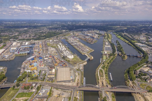 Aerial view, harbour Dusiburg general view, Ruhr weir, distant view and sky with clouds, Ruhrort, Duisburg, Ruhr area, North Rhine-Westphalia, Germany, DE, Europe, aerial view, aerial photography, aerial photography, overview, bird's-eye view, overview