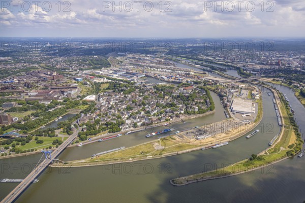 Aerial view, Mercatorinsel inland navigation on Vinckekanal and harbour canal, Stangenwald construction site with logistics hall new building, Duisburg harbour general view, Ruhr estuary, Ruhrort, Duisburg, Ruhr area, North Rhine-Westphalia, Germany, construction work, construction area, construction site, building plots, construction project, construction site, DE, Europe, harbour, aerial view, aerial photography, aerial photography, Mercator Island, new building, overview, bird's-eye view, overview