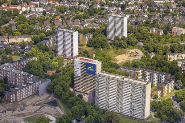 Aerial view, white giant high-rise buildings, social hotspot, four high-rise buildings, three days in front of the demolition of one of the high-rise buildings, Hochheide, Duisburg, Ruhr area, North Rhine-Westphalia, Germany, DE, Europe, property tax, real estate, aerial view, aerial photography, aerial photography, demolition, overview, bird's-eye view, residential area, housing and living, residential area, quality of life, residential neighbourhood, housing estate, residential area, birds-eyes view, overview, social hotspot