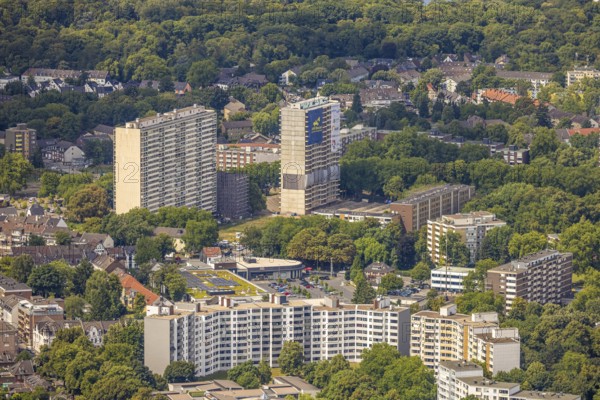 Aerial view, white giant high-rise buildings, social hotspot, three days in front of the demolition of one of the high-rise buildings, Hochheide, Duisburg, Ruhr area, North Rhine-Westphalia, Germany, DE, Europe, property tax, real estate, aerial photograph, aerial photography, aerial photography, demolition, overview, bird's-eye view, residential complex, housing and living, residential area, residential quality, residential neighbourhood, housing estate, residential district, birds-eyes view, overview, social hotspot