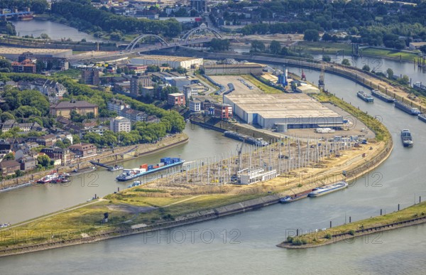 Aerial view, Mercatorinsel inland navigation on Vinckekanal and harbour canal, Stangenwald construction site with new logistics hall, Ruhrort, Duisburg, Ruhr area, North Rhine-Westphalia, Germany, construction work, construction area, building site, building plots, construction project, construction site, DE, Europe, harbour, aerial view, aerial photography, aerial photography, Mercator Island, new construction, overview, bird's-eye view, overview