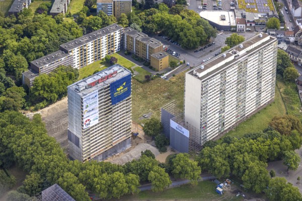 Aerial view, white giant high-rise buildings, social hotspot, three days in front of the demolition of one of the high-rise buildings, Hochheide, Duisburg, Ruhr area, North Rhine-Westphalia, Germany, DE, Europe, property tax, real estate, aerial photograph, aerial photography, aerial photography, demolition, overview, bird's-eye view, residential complex, housing and living, residential area, residential quality, residential neighbourhood, housing estate, residential district, birds-eyes view, overview, social hotspot