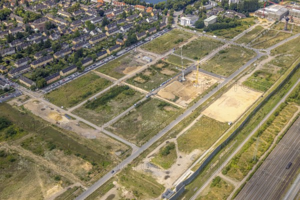 Aerial view, construction site of the former Wedau marshalling yard for the new Duisburg residential quarter on the Sechs-Seen-Platte, Wedau, Duisburg, Ruhr area, North Rhine-Westphalia, Germany