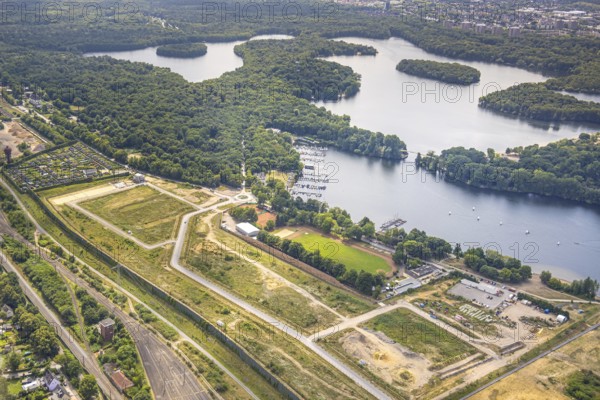 Aerial view, construction site of the former Wedau marshalling yard for the new Duisburg residential quarter on the Sechs-Seen-Platte, Wedau, Duisburg, Ruhr area, North Rhine-Westphalia, Germany
