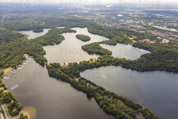 Aerial view, Sechs-Seen-Platte and outdoor swimming pool Wolfssee with sandy beach, Wedau, Duisburg, Ruhr area, North Rhine-Westphalia, Germany