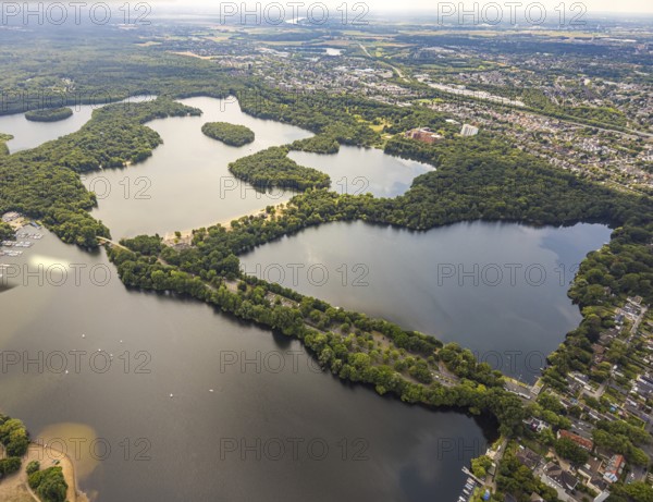 Aerial view, Sechs-Seen-Platte and outdoor swimming pool Wolfssee with sandy beach, Wedau, Duisburg, Ruhr area, North Rhine-Westphalia, Germany