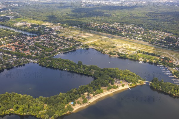 Aerial view, Sechs-Seen-Platte and construction site of former Wedau marshalling yard for new Duisburg residential quarter, Wedau, Duisburg, Ruhr area, North Rhine-Westphalia, Germany