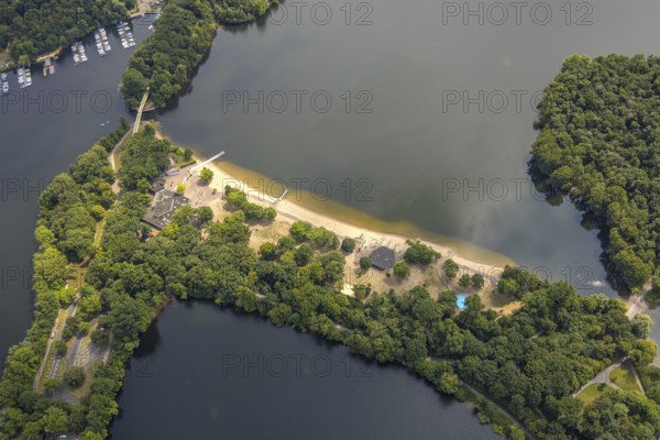 Aerial view, outdoor swimming pool Wolfssee with sandy beach at the Sechs-Seen-Platte, Wedau, Duisburg, Ruhr area, North Rhine-Westphalia, Germany