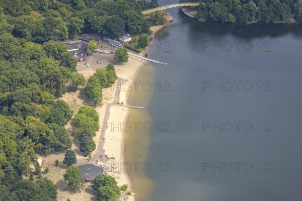 Aerial view, outdoor swimming pool Wolfssee with sandy beach at the Sechs-Seen-Platte, Wedau, Duisburg, Ruhr area, North Rhine-Westphalia, Germany