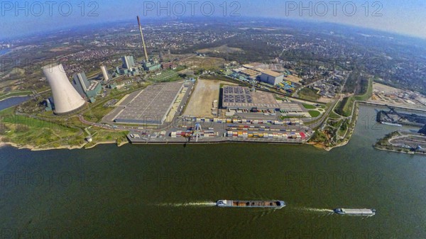 Aerial view, Duisburg-Nord, duisport logport VI Walsum, logport 6, STEAG power plant Walsum on the river Rhine, earth globe, fisheye image, 360 degree image, tiny world, little planet, fisheye image, Alt-Walsum, Duisburg, Ruhr area, North Rhine-Westphalia, Germany