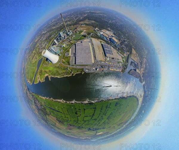 Aerial view, Duisburg-Nord, duisport logport VI Walsum, logport 6, STEAG power plant Walsum on the river Rhine, earth globe, fisheye image, 360 degree image, tiny world, little planet, fisheye image, Alt-Walsum, Duisburg, Ruhr area, North Rhine-Westphalia, Germany