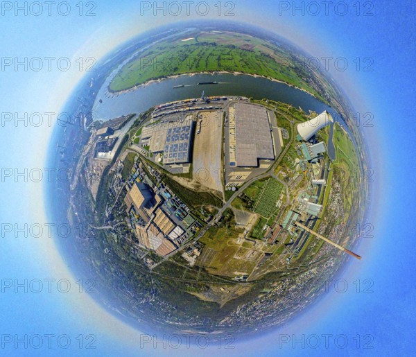 Aerial view, Duisburg-Nord, duisport logport VI Walsum, logport 6, STEAG power plant Walsum on the river Rhine, earth globe, fisheye image, 360 degree image, tiny world, little planet, fisheye image, Alt-Walsum, Duisburg, Ruhr area, North Rhine-Westphalia, Germany