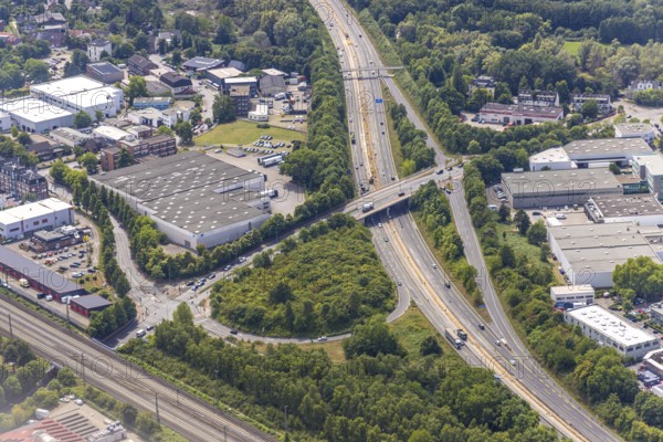 Aerial view, A59 motorway and Großenbaum junction, Altenbrucher Damm bridge, Albert-cock-Straße industrial estate, Buchholz, Duisburg, Ruhr area, North Rhine-Westphalia, Germany