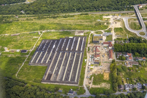 Aerial view, construction site of the former Wedau marshalling yard for the new Duisburg residential quarter on the Sechs-Seen-Platte, Werkstättenstraße, Wedau, Duisburg, Ruhr area, North Rhine-Westphalia, Germany