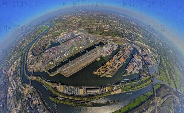 Aerial view, duisport harbour, harbour area with steel island, oil island, coal island container terminal and scrap island raw material island, Pontwert island at the harbour channel, earth globe, fisheye image, 360 degree image, tiny world, little planet, fisheye image, Ruhrort, Duisburg, Ruhr area, North Rhine-Westphalia, Germany