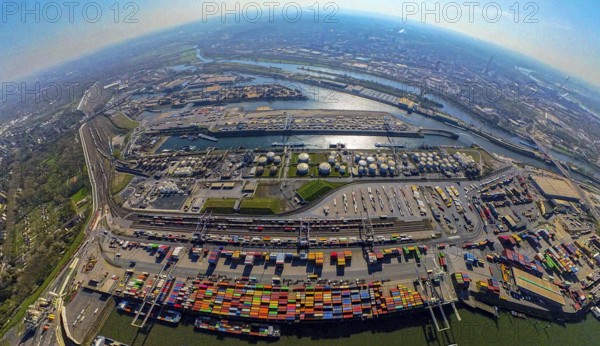Aerial view, duisport harbour, harbour area with steel island, oil island, coal island container terminal and scrap island raw material island, Pontwert island, earth globe, fisheye image, 360 degree image, tiny world, little planet, fisheye image, Ruhrort, Duisburg, Ruhr area, North Rhine-Westphalia, Germany