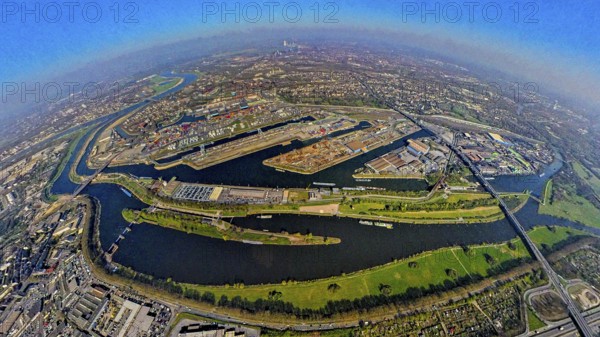 Aerial view, duisport harbour, harbour area with steel island, oil island, coal island container terminal and scrap island raw material island, Pontwert island at the harbour channel, earth globe, fisheye image, 360 degree image, tiny world, little planet, fisheye image, Ruhrort, Duisburg, Ruhr area, North Rhine-Westphalia, Germany