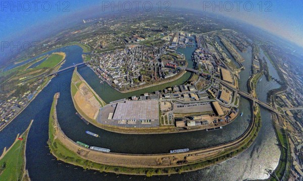Aerial view, duisport harbour Duisburg, district Ruhrort, Vinckekanal forwarding island and Mercatorinsel, Rhine-Herne-Canal, river Rhine with Friedrich-Ebert-Bridge, globe, fisheye image, 360 degree image, tiny world, little planet, fisheye image, Ruhrort, Duisburg, Ruhr area, North Rhine-Westphalia, Germany