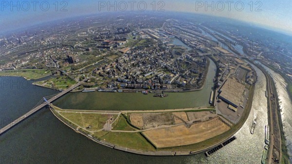 Aerial view, duisport harbour Duisburg, district Ruhrort, Vinckekanal forwarding island and Mercatorinsel, Rhine-Herne-Canal, river Ruhr, Friedrich-Ebert-Bridge, earth globe, fisheye image, 360 degree image, tiny world, little planet, fisheye image, Ruhrort, Duisburg, Ruhr area, North Rhine-Westphalia, Germany