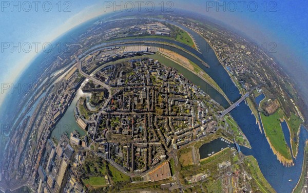 Aerial view, duisport harbour, view of Ruhrort, Duisburg harbour area with Mercatorinsel and Pontwert island, Ruhr river mouth into the Rhine river and Friedrich Ebert Bridge, globe, fisheye image, 360 degree image, tiny world, little planet, fisheye image, Ruhrort, Duisburg, Ruhr area, North Rhine-Westphalia, Germany