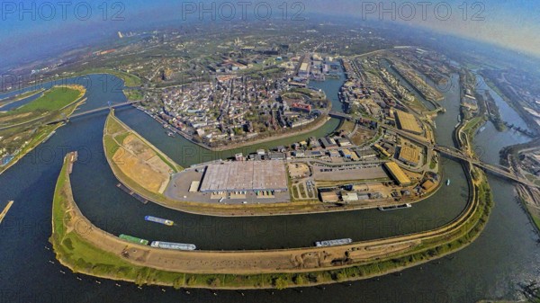 Aerial view, duisport harbour Duisburg, district Ruhrort, Vinckekanal forwarding island and Mercatorinsel, Rhine-Herne-Canal, river Rhine with Friedrich-Ebert-Bridge, globe, fisheye image, 360 degree image, tiny world, little planet, fisheye image, Ruhrort, Duisburg, Ruhr area, North Rhine-Westphalia, Germany