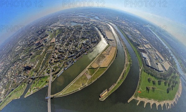 Aerial view, duisport harbour Duisburg, district Ruhrort, Vinckekanal forwarding island and Mercatorinsel, Rhine-Herne-Canal, river Ruhr Ruhr estuary and river Rhine with Friedrich-Ebert-Bridge, right industrial area Kaßlerfeld, globe, fisheye image, 360 degree image, tiny world, little planet, fisheye image, Ruhrort, Duisburg, Ruhr area, North Rhine-Westphalia, Germany