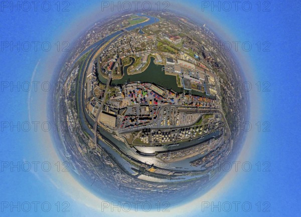 Aerial view, duisport harbour, harbour area with steel island, oil island, coal island container terminal and scrap island raw material island, Pontwert island, earth globe, fisheye image, 360 degree image, tiny world, little planet, fisheye image, Ruhrort, Duisburg, Ruhr area, North Rhine-Westphalia, Germany