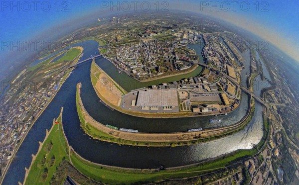 Aerial view, duisport harbour, view of Ruhrort, Duisburg harbour area with Mercatorinsel and Pontwert island, Ruhr river mouth into the Rhine river and Friedrich Ebert Bridge, globe, fisheye image, 360 degree image, tiny world, little planet, fisheye image, Ruhrort, Duisburg, Ruhr area, North Rhine-Westphalia, Germany