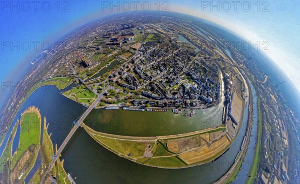 Aerial view, duisport harbour, view of Ruhrort, Duisburg harbour area with Mercatorinsel and Pontwert island, Ruhr river mouth into the Rhine river and Friedrich Ebert Bridge, globe, fisheye image, 360 degree image, tiny world, little planet, fisheye image, Ruhrort, Duisburg, Ruhr area, North Rhine-Westphalia, Germany
