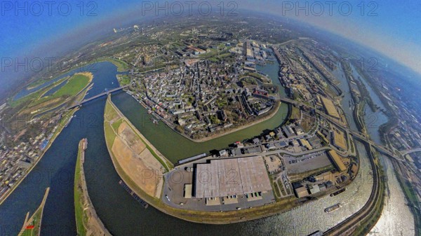 Aerial view, duisport harbour, view of Ruhrort, Duisburg harbour area with Mercatorinsel, river Ruhr mouth into the river Rhine and Friedrich-Ebert-Bridge, earth globe, fisheye image, 360 degree image, tiny world, little planet, fisheye image, Ruhrort, Duisburg, Ruhr area, North Rhine-Westphalia, Germany