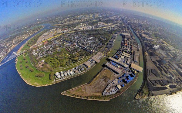 Aerial view, Neuenkamp parallel harbour and outer harbour, river Rhine, earth globe, fisheye image, 360 degree image, tiny world, little planet, fisheye image, Neuenkamp, Duisburg, Ruhr area, North Rhine-Westphalia, Germany