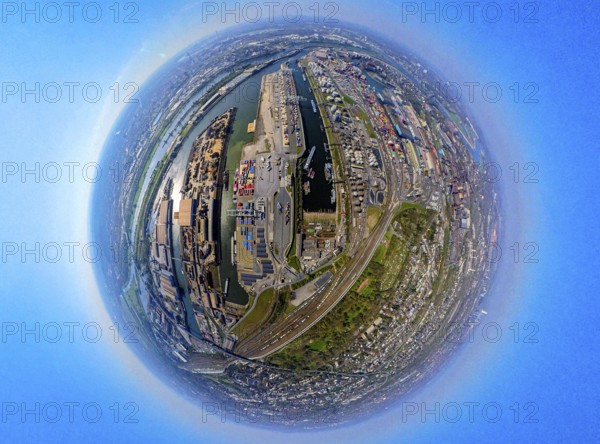 Aerial view, duisport harbour, harbour area with steel island, oil island, coal island container terminal and scrap island raw material island, Pontwert island, earth globe, fisheye image, 360 degree image, tiny world, little planet, fisheye image, Ruhrort, Duisburg, Ruhr area, North Rhine-Westphalia, Germany