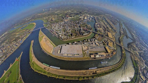 Aerial view, duisport harbour, view of Ruhrort, Duisburg harbour area with Mercatorinsel and Pontwert island, Ruhr river mouth into the Rhine river and Friedrich Ebert Bridge, globe, fisheye image, 360 degree image, tiny world, little planet, fisheye image, Ruhrort, Duisburg, Ruhr area, North Rhine-Westphalia, Germany