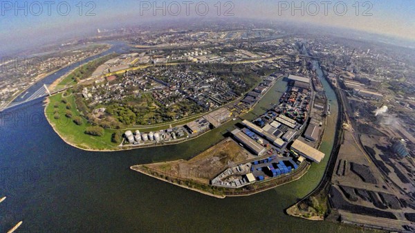Aerial view, Neuenkamp parallel harbour and outer harbour, river Rhine, earth globe, fisheye image, 360 degree image, tiny world, little planet, fisheye image, Neuenkamp, Duisburg, Ruhr area, North Rhine-Westphalia, Germany