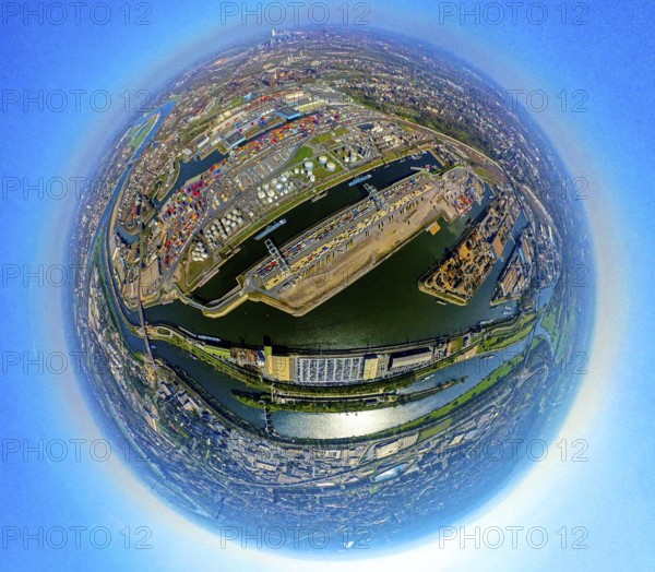 Aerial view, duisport harbour, harbour area with steel island, oil island, coal island container terminal and scrap island raw material island, Pontwert island at the harbour channel, earth globe, fisheye image, 360 degree image, tiny world, little planet, fisheye image, Ruhrort, Duisburg, Ruhr area, North Rhine-Westphalia, Germany
