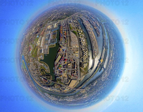 Aerial view, duisport harbour, harbour area with steel island, oil island, coal island container terminal and scrap island raw material island, Pontwert island, earth globe, fisheye image, 360 degree image, tiny world, little planet, fisheye image, Ruhrort, Duisburg, Ruhr area, North Rhine-Westphalia, Germany