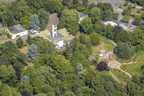 Aerial view, Central Cemetery Mühlenberg with chapel, construction site, Friemersheim, Duisburg, Ruhr area, North Rhine-Westphalia, Germany